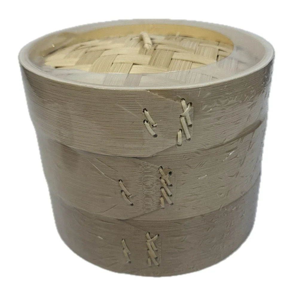 NEW 3 Tier Bamboo Steamer Basket Set with Lid & 2 Ceramic Soy Sauce Bowls in Box
